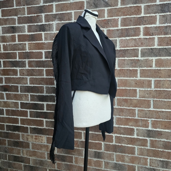 Black Cropped Blazer with Fringe Sz M - Picture 3 of 10